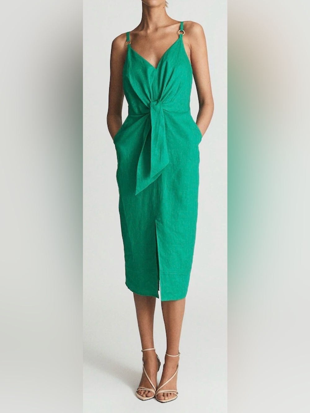 NEW Reiss Kay Green Tie Detail Linen Midi Dress Sz 6